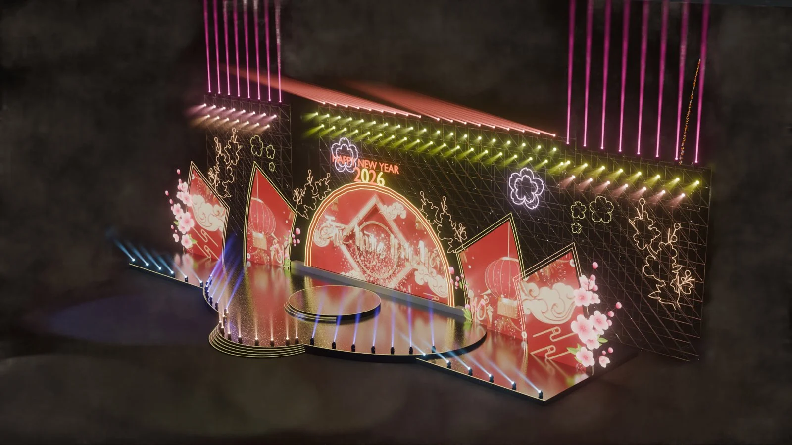 Phối cảnh 3D sân khấu tiệc tất niên chủ đề Tết với backdrop đỏ, hoa đào và sàn tròn