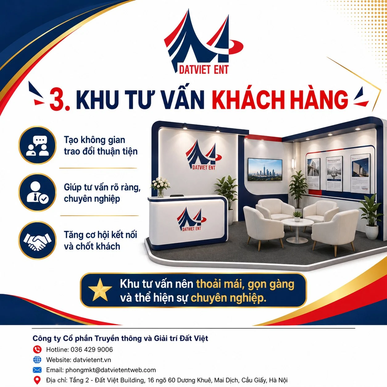 Khu tư vấn khách hàng trong booth với sofa, bàn trà và màn hình giới thiệu doanh nghiệp