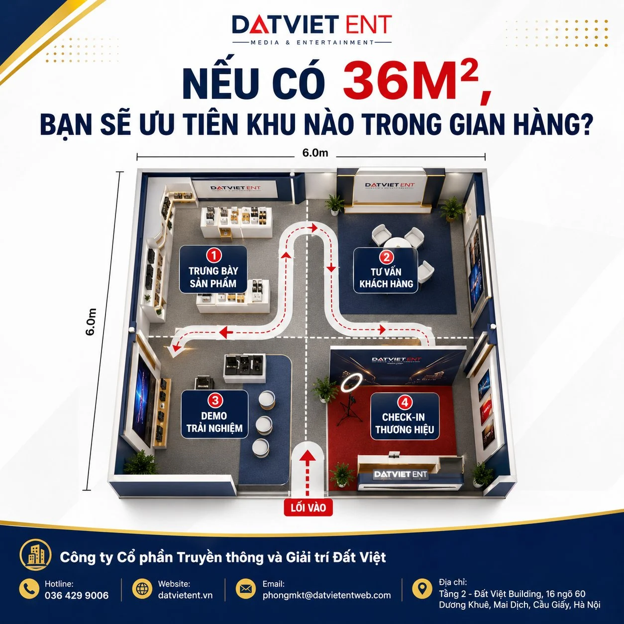 Phối cảnh thiết kế gian hàng triển lãm 36 m² với luồng di chuyển của khách