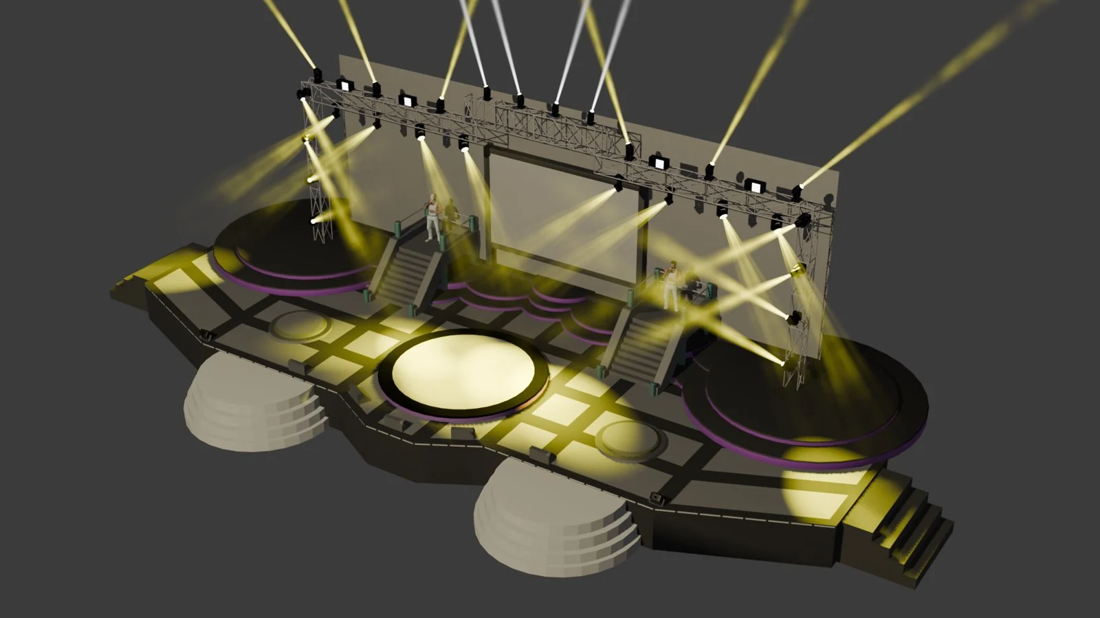 Phối cảnh 3D mặt bằng sân khấu sự kiện nhìn từ trên cao với sàn diễn, cầu thang và đèn rọi