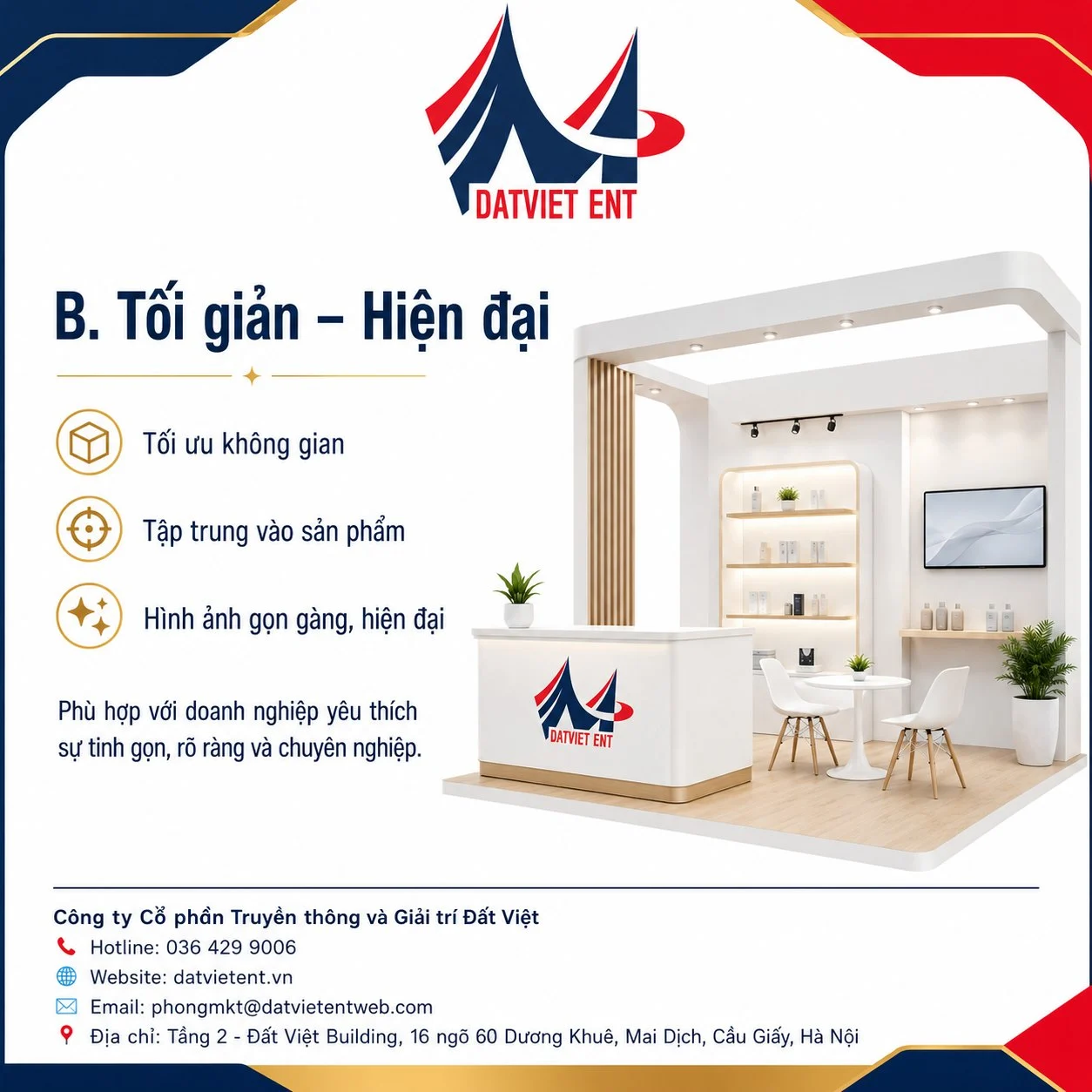 Booth triển lãm phong cách tối giản tông trắng gỗ, quầy lễ tân và kệ trưng bày gọn gàng