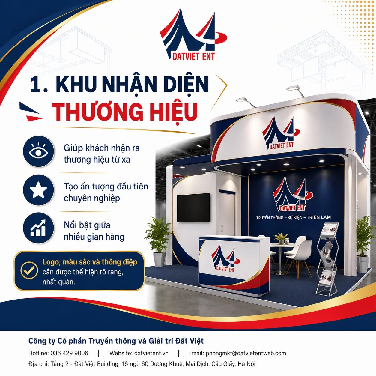 Khu nhận diện thương hiệu của booth triển lãm với logo lớn, màu sắc đồng bộ dễ nhận ra từ xa