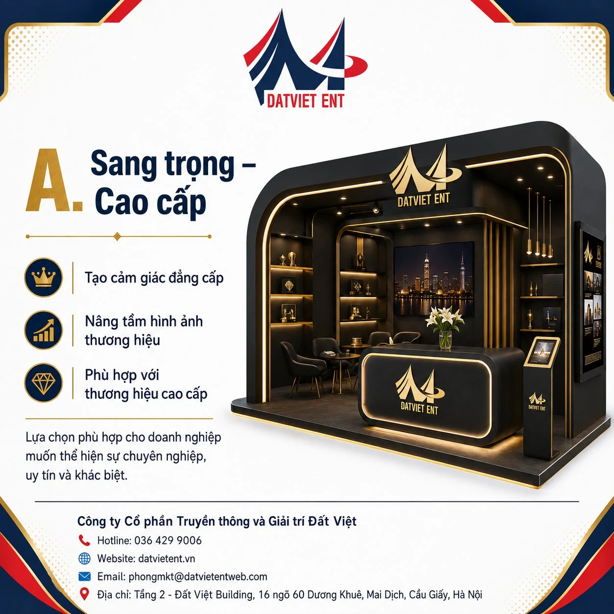 Mẫu gian hàng phong cách sang trọng tông đen vàng, quầy lễ tân bo cong và kệ trưng bày có đèn hắt