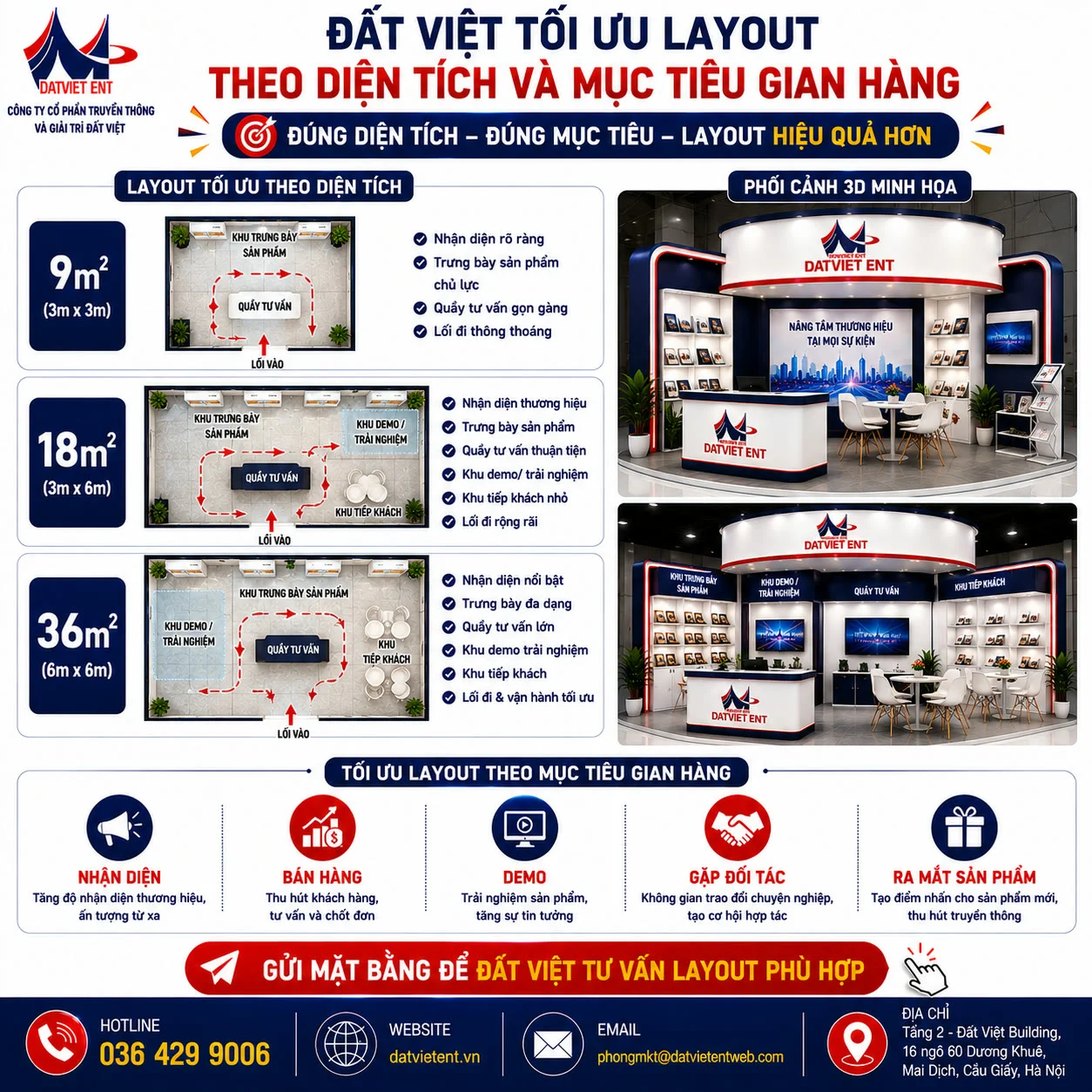 Layout thi công gian hàng triển lãm theo diện tích 9 m², 18 m² và 36 m²