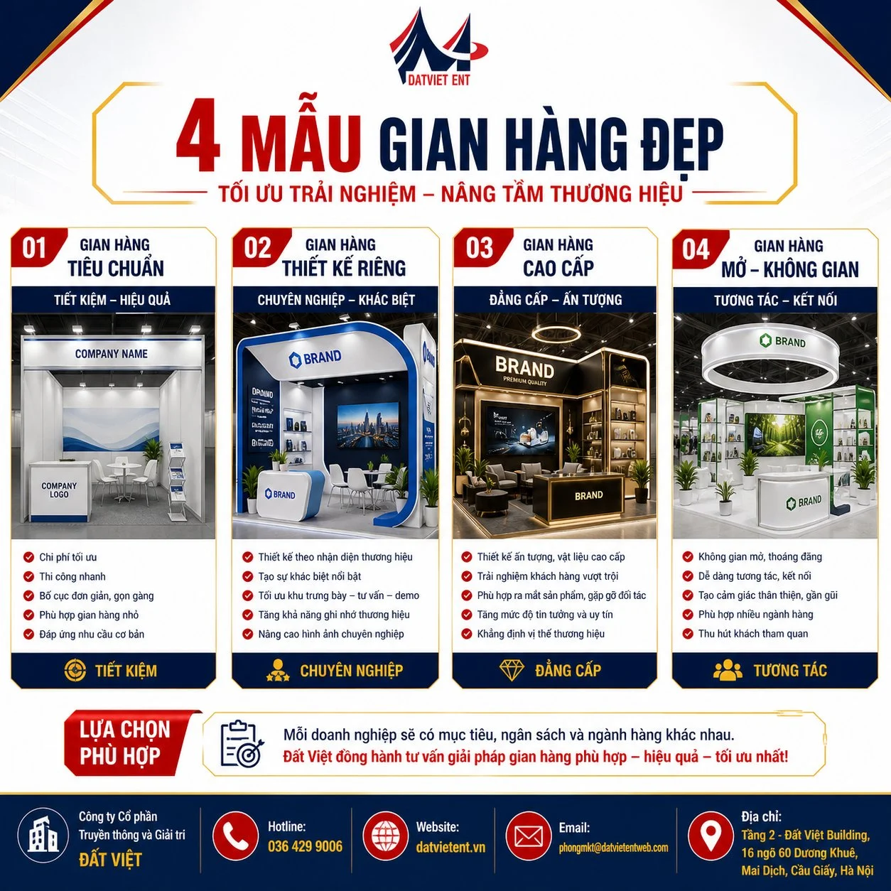 4 mẫu thiết kế gian hàng triển lãm phổ biến: tiêu chuẩn, thiết kế riêng, cao cấp, mở