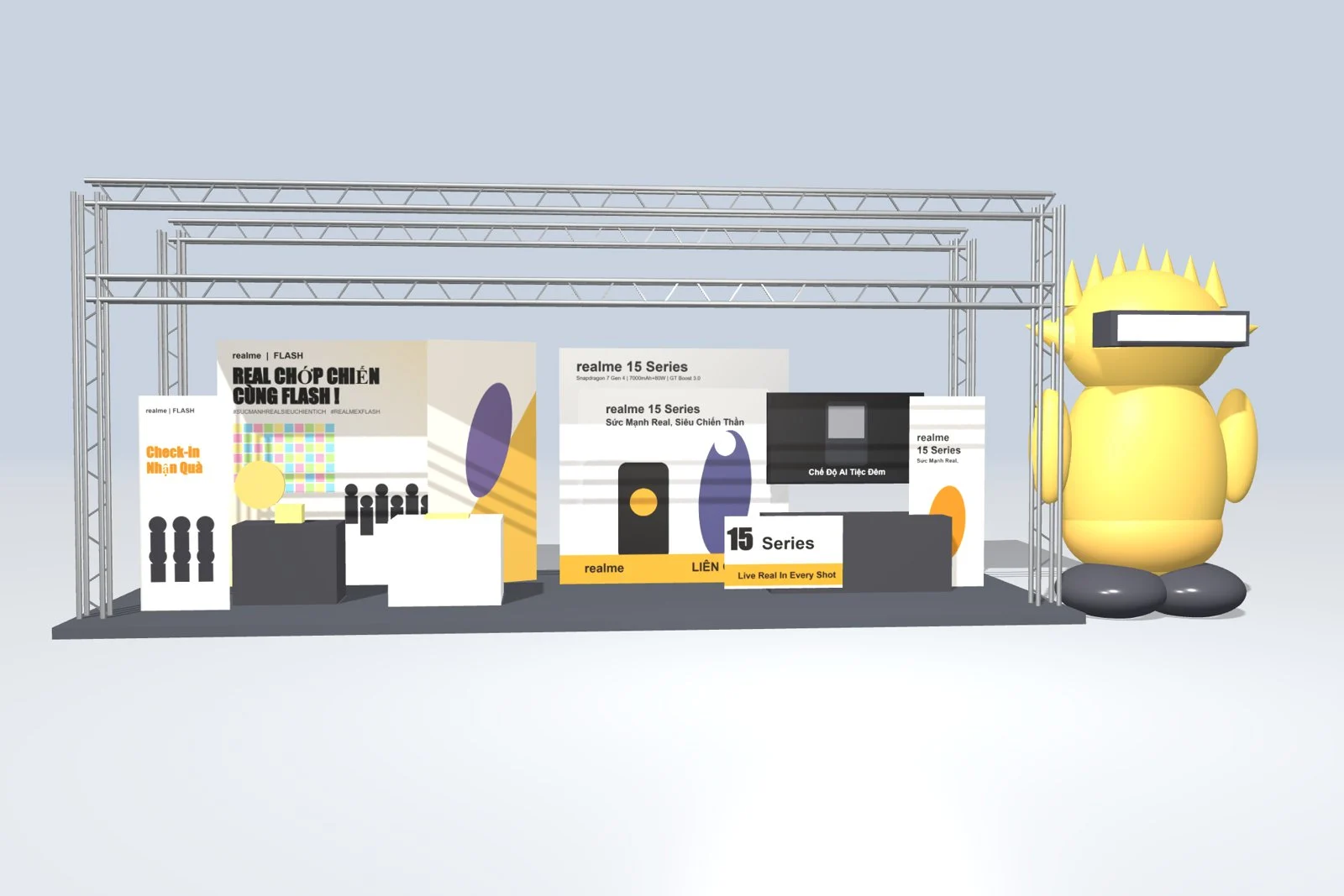 Phối cảnh 3D booth trải nghiệm sản phẩm dựng trên khung truss, có quầy demo và linh vật cỡ lớn