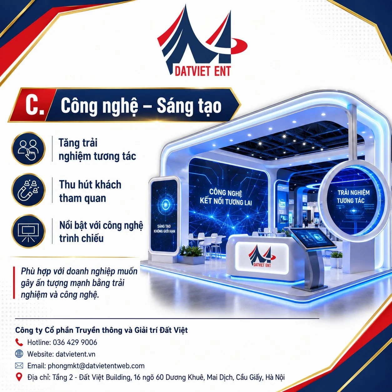 Booth triển lãm phong cách công nghệ với khung viền LED xanh, màn hình trình chiếu và quầy trải nghiệm tương tác