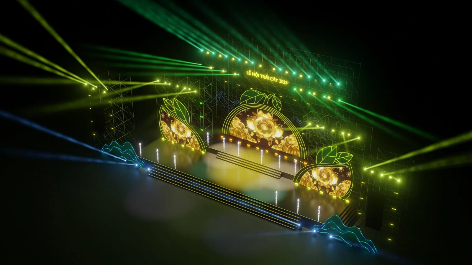 Phối cảnh 3D sân khấu lễ hội ngoài trời với màn hình LED vòm và dàn đèn beam xanh vàng